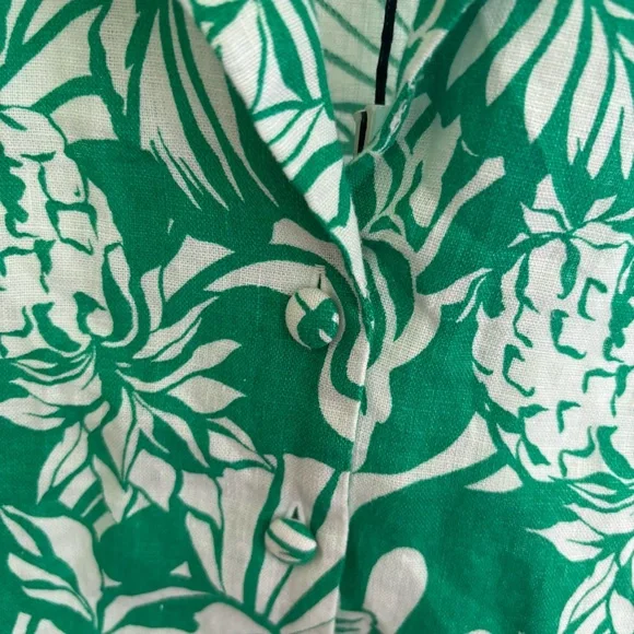 NWT Nicole Miller Women Med Preppy Linen Green Cropped Hawaiian Button Up Shirt - Picture 8 of 10